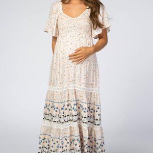 Light Pink Printed Smocked Maternity Midi Dress